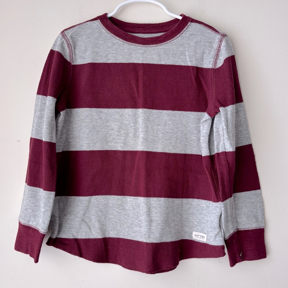 GAP Kids Long Sleeve Shirt - Burgundy and Light Gray Stripes Small